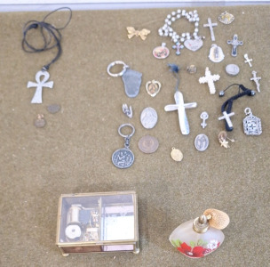 (1) Vintage Perfume Bottle, (1) Vintage Music Box & Assorted Religious Cosmetic Jewelry