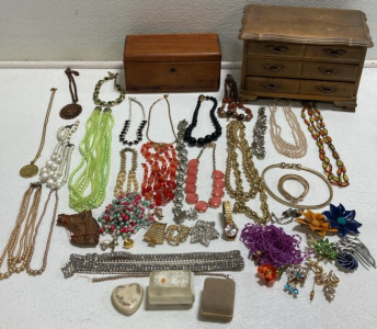 Assorted Costume Jewelery Including 10k and 14k Gold Rings, (2) Wood Jewelry Boxes
