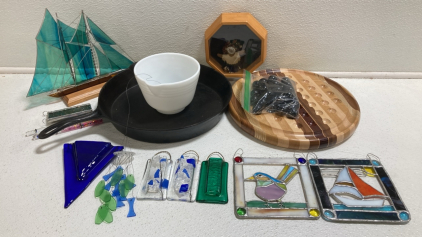 Wood Chinese Checkers, (2) Stained Glass Wall Art, (1) Stained Glass Boat, Large Skillet Pan and more