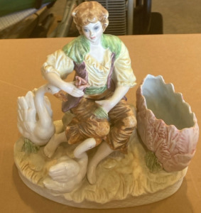 Large Capodimonte Porcelain Figurine Vase Boy Swan Lake Italy