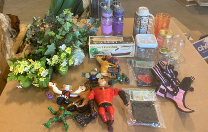 Assortment Of Fake Plants (1) Stackable Floral Mugs (1) Electric Knife & Much More