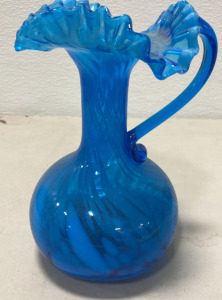 Unique Art Glass Blue Melon Pitcher Ruffle Top with Crimped Edges 8 3/4" Tall