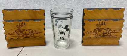 (2) Wooden Dear Signs, (1) Vintage Black and white Walt Disney Mickey Mouse Cup