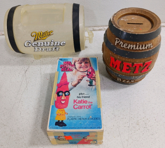 All Vintage (1) Hasbro "Katie the Carrot" (1) Metz Beer Barrel Bank (1) MGD Barrel