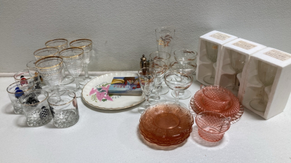 Assorted Vintage Glassware, Pink Glass Plates and more