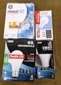 Collection Of Assorted Incandescent Light Bulbs, (4) 60W Soft White, (4) GE Reveal 60W Full Spectrum & (2) 50-100-150W Soft White 3-Way
