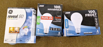 Collection Of Assorted Incandescent Light Bulbs, (4) GE Reveal 60W Full Spectrum & (4) 100W Soft White & (4) 100W Frost