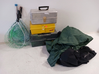 Fishing Gear, (3) Tackle Boxes, Nets, Cabela's DryPlus Rain Suit 3xl, and Raincoat