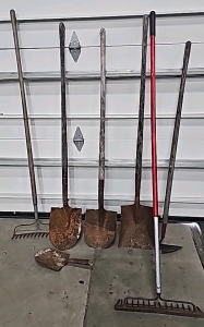 (3) Rustic Shovels, Hoe, (2) Metal Rakes
