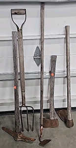 (2) Wooden Handle Hoes, Axe W/ Wooden Handle, Pickaxe W/ Wooden Handle, Pitchfork