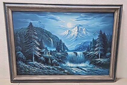 Vintage Winter Moonlit Mountain Landscape Art