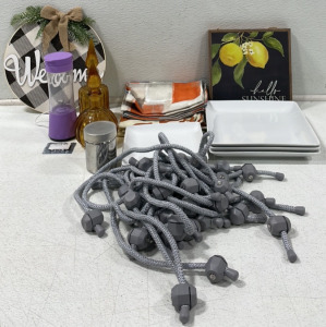 (16) Magnetic Curtain Tie Backs, (6) Glass Plates, & Home Decor