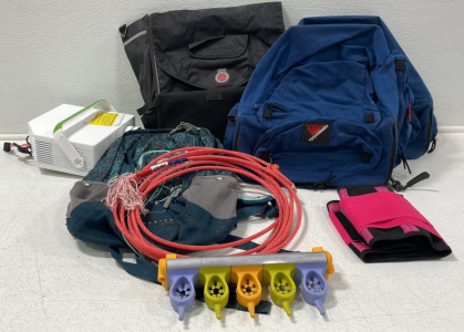 (3) Bike Bags, Utensil Holder, North Face Backpack, Back Brace, Rope, & Projector (Parts/Repair)
