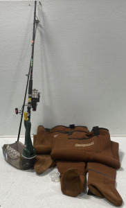 (2) Pairs Hodgman Waders, Rhino Tough Glow Tip fishing Pole, Wooden Duck Decoy, & (2) Fly Lures
