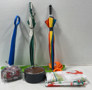 (2) Beach Umbrellas, Handled Surfboard, (2) Sand Shovels, Sea Themed Tapestry, & (2) Gotham Steel Pots