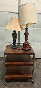 (1) Wooden Rolling Cart With (2) Lamps