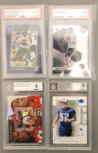 Justin Fields PSA Graded 6, Zach Wilson PSA Graded 8, David Boston Beckett Graded 8, Eddie Berlin Beckett Graded 9