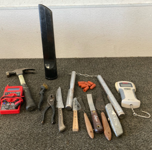 Cen-Tech Digital Multimeter, Rapala Digital Scale, Hammer, Miscellaneous Tools, Nunchucks, & More