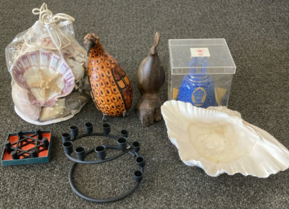 Seashells, Candle Holder, Bird Statues, 1975 Blue Bell, Huge Conch Shell