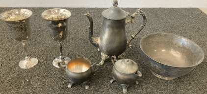 Brass Antique Tea Set, Decorative Kitchenware, & (12) Brass Goblet Cups