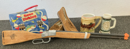 Gone Fishing Lunch Box, Moccasin Style Slippers, Clydesdales Mug, Avon Ceramic Mug, & Toy Rifle