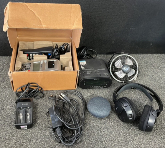 Google Nest Mini, (2) PoS Machines, Sony Alarm Clock, Comfort Zone Fan, (2) Charging Cords, Nextech Headphones (Don&rsquo;t Work)