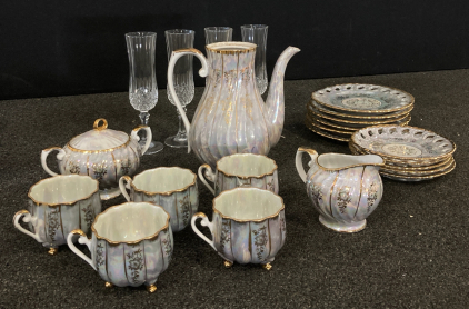 Tea Set With (11) Plates, (5) Tea Cups, (1) Tea Pot, (4) Tall Glasses, & (2) Containers