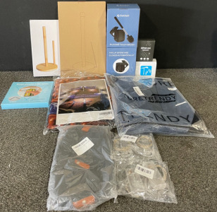 New in Box! - (2) Silicone Toilet Brushes, (2) Paper Towel Roll Holders, AirPod Style Earbuds W/ Case, Suit Jacket & More!