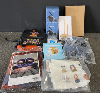 New in Box! - Kobe Bryant Backpack, (2) Silicone Toilet Brushes, (2) Paper Towel Roll Holders, AirPod Style Earbuds W/ Case, Suit Jacket & More!