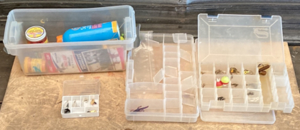 Tub w/ Fishing Bait, Tiny Spinner Box, & Tackle Boxes - EB