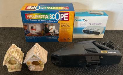 MVP SuperLine Vacuum, Smartset Dual Alarm Clock Radio, Projecta Scope Projector for Artists, & (2) Bird House Figurines