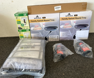 Home Storage Bin, (2) Handy Swivel Round Trays, (2) Tri-Flow Superior Lubricant Bottles, & (2) 8-watt Light Bulbs
