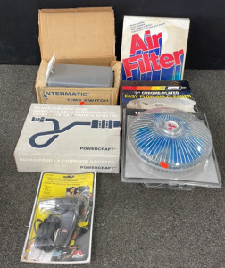 (2) Air Filters, Power Steering Hose, Intermatic Time Switch, 12V Fan For Car, & Car Defroster/12V Hair Dryer