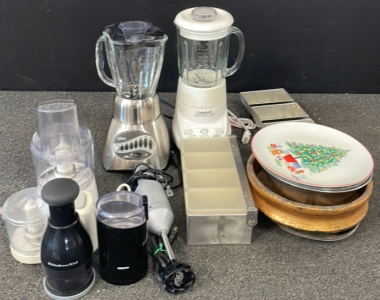 (2) Blenders, (3) Food Choppers, Serving Trays, & Hand Blender