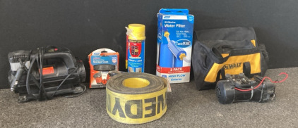 Winch Craftsman Tool Box, Water Filter, Storage Caps, Great Stuff Insulating Foam Sealant, RV Water Filter, (2) DeWalt Bags, Waste Pump, & Winch Strap