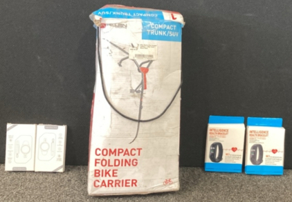 Compact Folding Bike Carrier, (2) Portable Wireless Chargers, & (2) Intellegence Health Bracelets