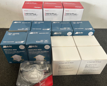 (6) Disposable Masks, (4) V Fold Mask, (3) Particulate Masks, & Safety Glasses