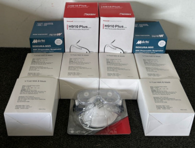 (2) Disposable Respirator Masks, (2) Particulate Respirator Masks, (6) V Fold Mask, & Safety Glasses