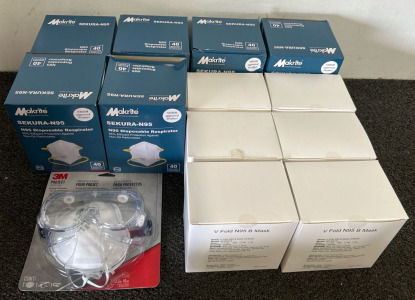 (6) Disposable Respirator Masks, (6) V Fold Masks, & Safety Glasses