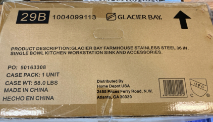 Glacier Bay Farmhouse Stainless 36" Single Bowl Kitchen Workstation Sink and Accessories - SP19