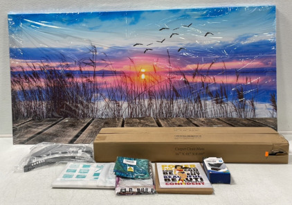 (2) Boxes Carpet Chair Mats, Large Canvas Art, Tapestry, Pillow Case, PS5 Controller Charging Dock, & More