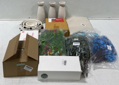 (3) Ceramic Flower Pots, (3) Small Flower Arrangements, PVC Tablecloth, Wooden Owl Clock, Decorative Storage Baskets, Plus More!
