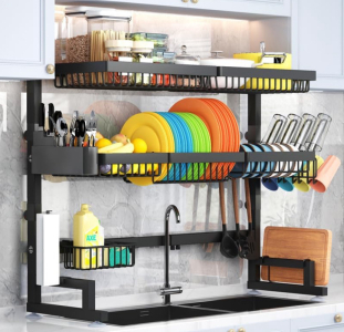 ADBIU Over The Sink Dish Drying Rack (Expandable Height and Length) Snap-On Design 2 Tier Large Dish Rack Stainless Steel (31-39.5L x 12W x 34-38H (inches))