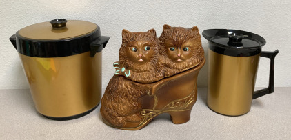 Vintage Cat Cookie Jar, Midcentury Ice Holder & Pitcher