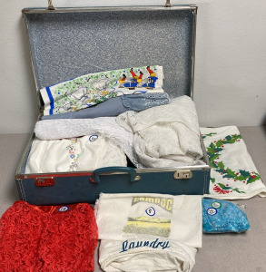 Vintage Suitcase Filled W/ Lace Red Apron, Tablecloths, Napkins & More