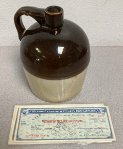 EB-Vintage Moonshine Jug, 1939 Marion Creamery & Pultry Company Certs.