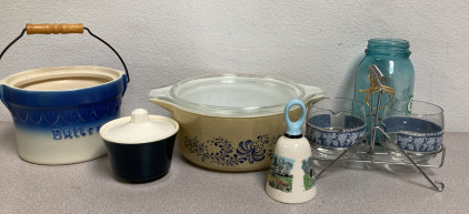 EB-Vintage Pyrex Homestead Casserole, Wedgewood Grape Design Sugar & Creamer By Hazel Atlas Blne Jasper Ware W/ Caddy-Stand & More