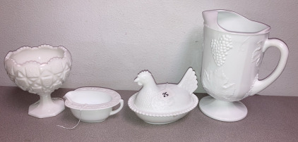 EB- Vintage MilkGlass Pitcher,Chicken Candy Dish & More