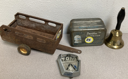 Antique Dustfoe Restorator Mine Safety Appliances, Ford Emblem, Brass Bell, Metal Toy Trailer