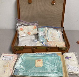 Vintage Brown Skyway Suitcase, Doilies, Tablecloths & More